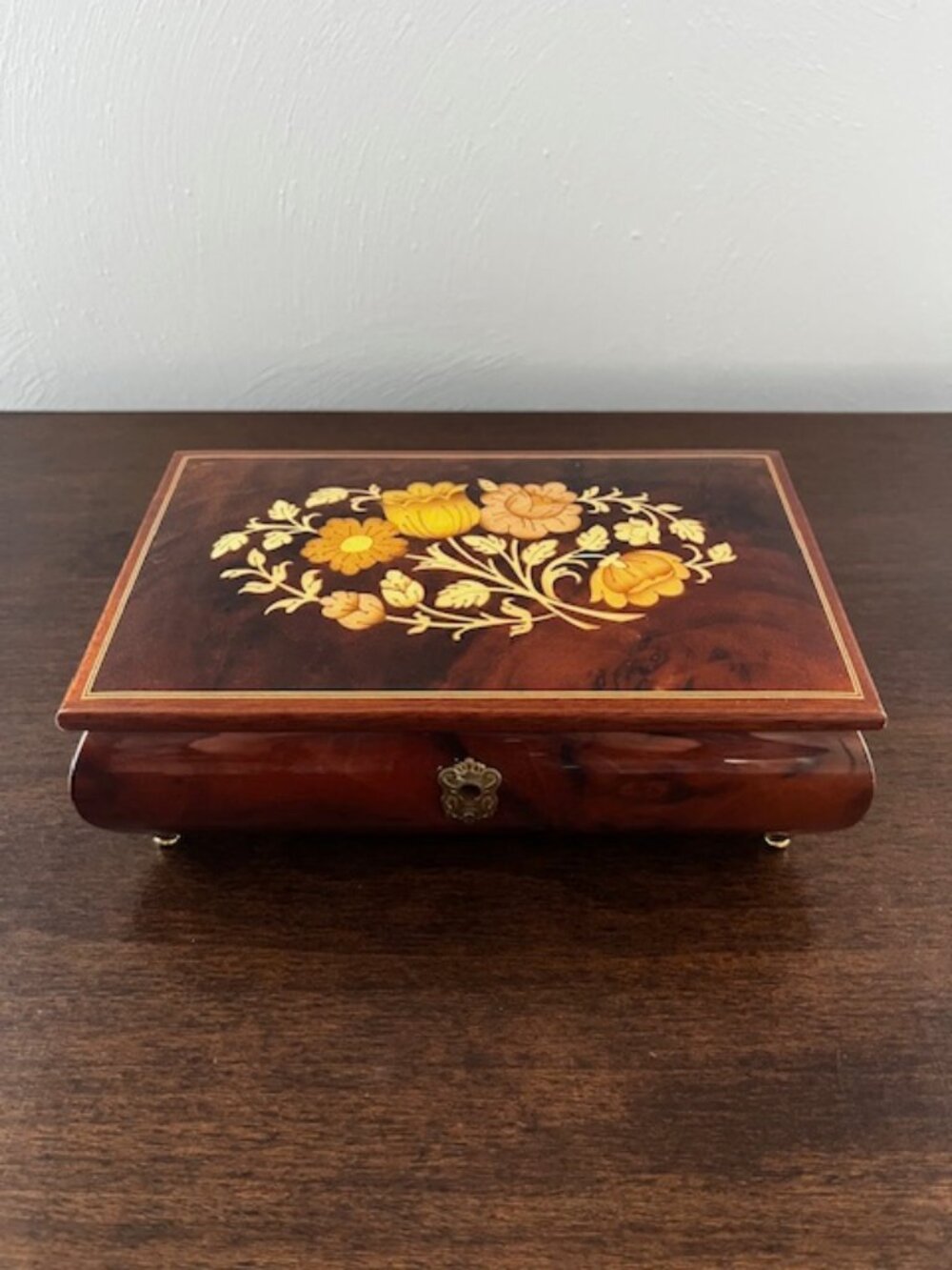 Musical Jewelry Box Inlaid Wood Floral Design Italy Hand Crafted